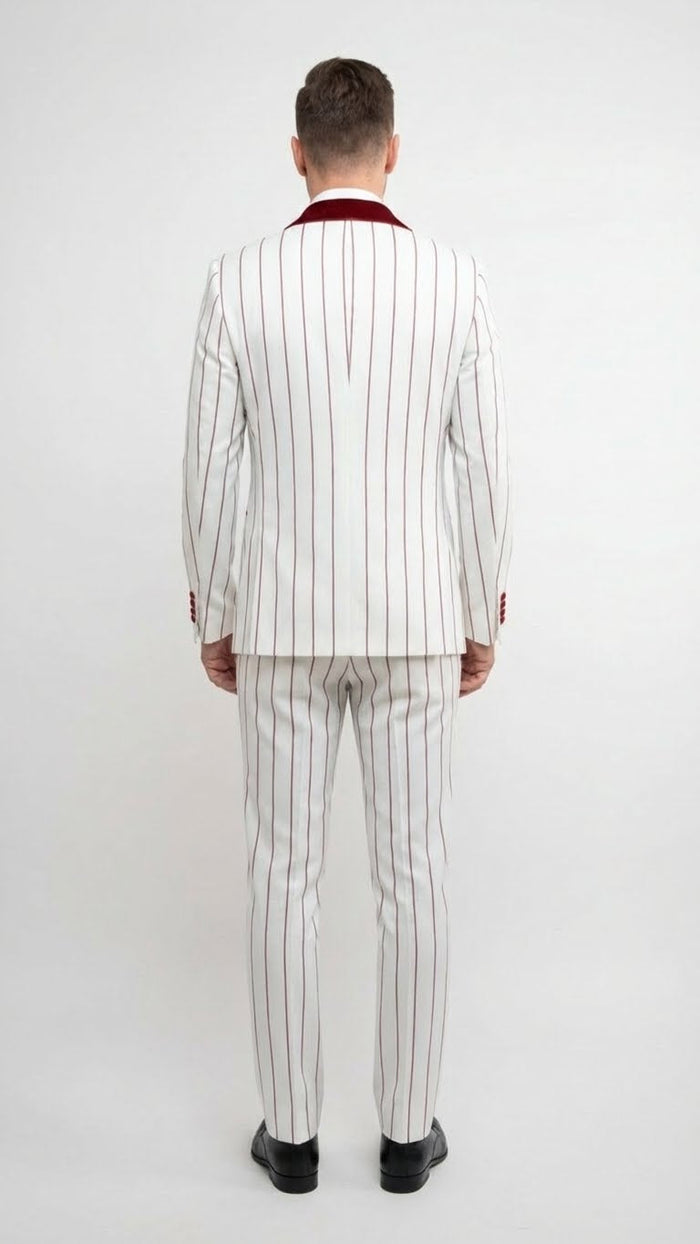 Mens White and Dark Red Pinstripe Tuxedo with Velvet Shawl Lapel Formal Dinner Blazer Prom Christmas New Year Holiday Suit
