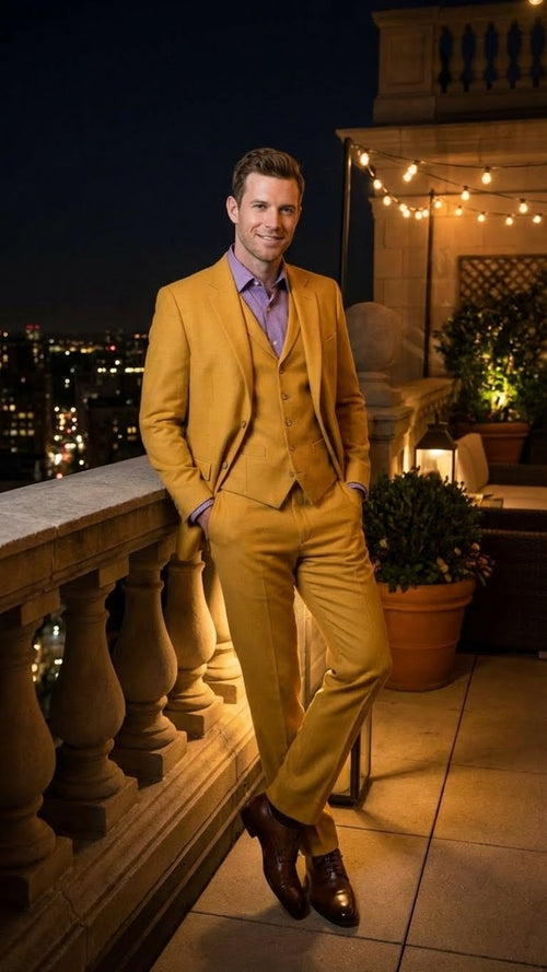 Mens Mustard Yellow Three Piece Suit | 2 Button Notch Lapel Modern Fit in Gold Color - Church Suit