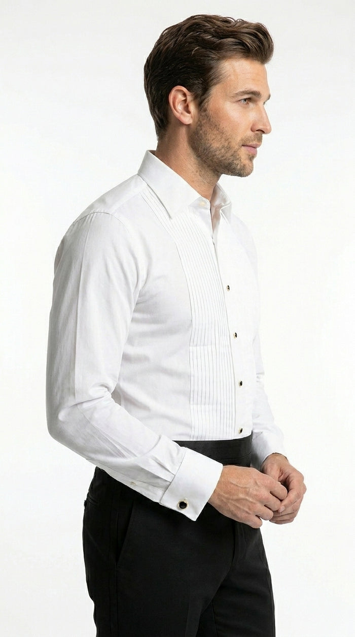 Men’s White Cotton Tuxedo Shirt with Spread Collar, French Cuffs and Pleated Front
