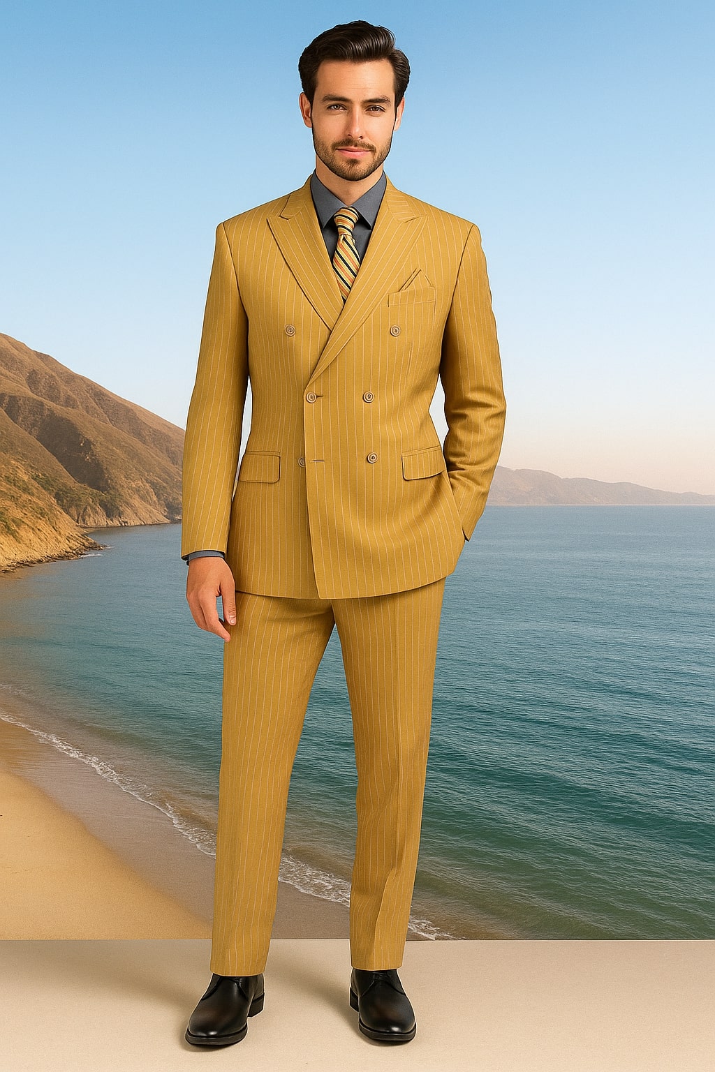 Mens Camel Tan Pinstripe Double-Breasted Suit – Bold 6-Button Modern Vintage Style - 34 Short or Extra Small
