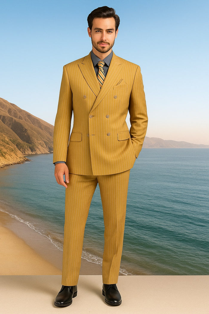 Mens Camel Tan Pinstripe Double-Breasted Suit Bold 6-Button Modern Vintage Style