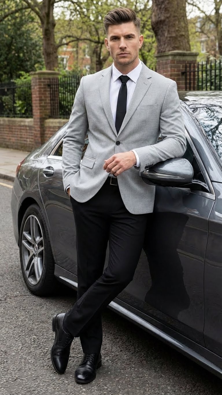 Men’s Light Grey Slim Fit Blazer Sport Coat with Black Pants | Premium Formal and Smart Casual Outfit - 36 Short