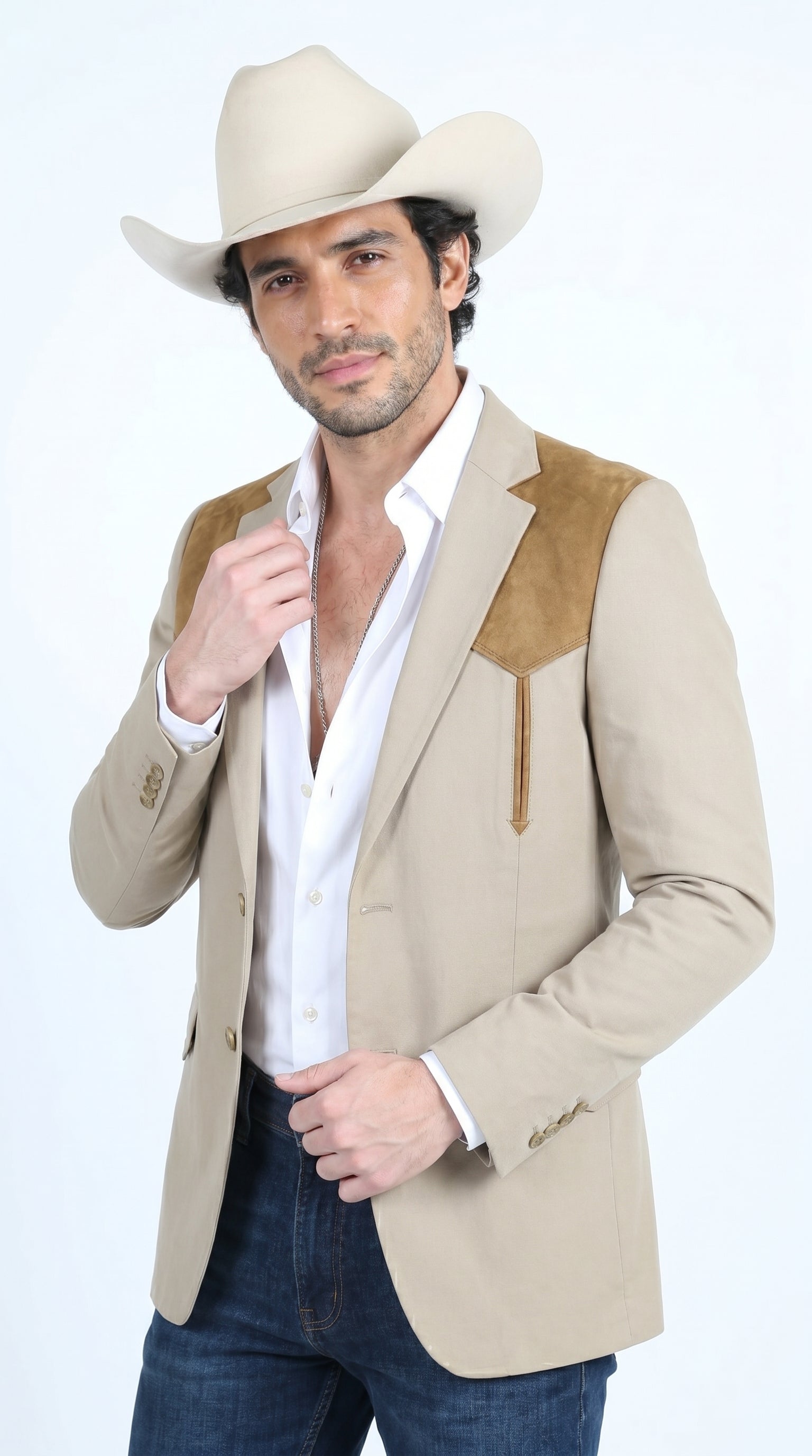 Men’s Khaki Western Blazer with Suede Yokes, Cowboy Sport Coat , Ranch and Country Events in Tan Khaki Color By Platini - 36 Short
