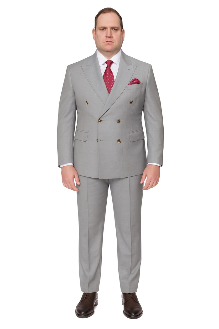 Mens Light Grey Double-Breasted Suit Classic Slim Fit Business and Wedding Formal Attire