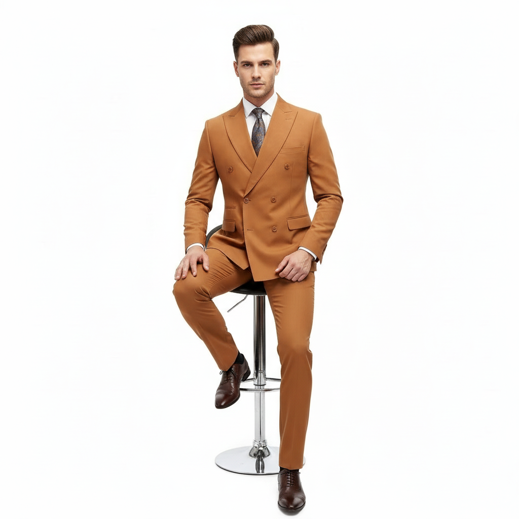 Men’s Vitali Brand Rustish Orange Brown Copper Color Double Breasted Slim Fit Suit - 34 Short or Extra Small