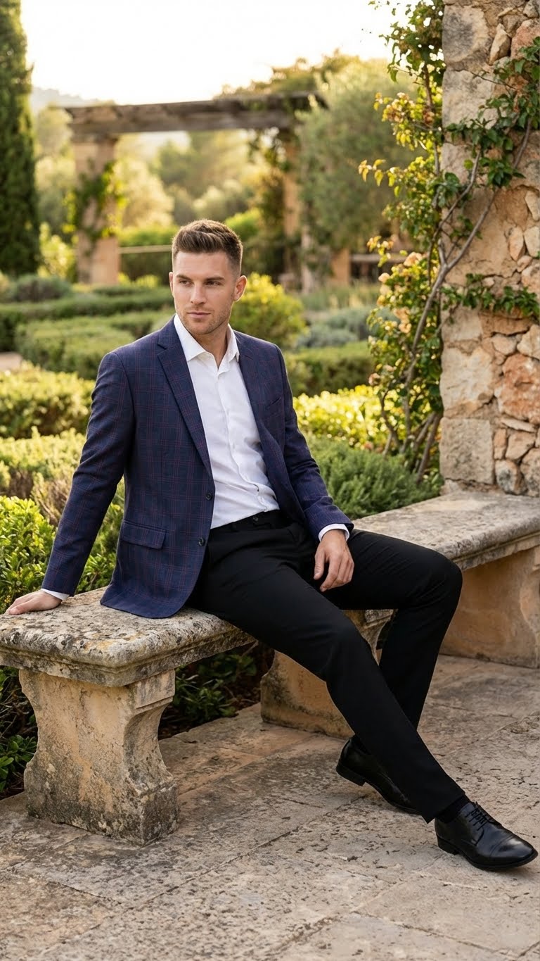 Men’s Big and Tall Navy Blue with Burgundy Plaid Jacket and Sport Coat – Wool Blazer - 36 Short