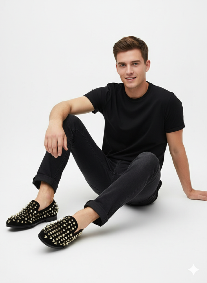Mens Studded Velvet Loafers Designer Party and Prom Dress Shoes with Gold and Silver Spikes