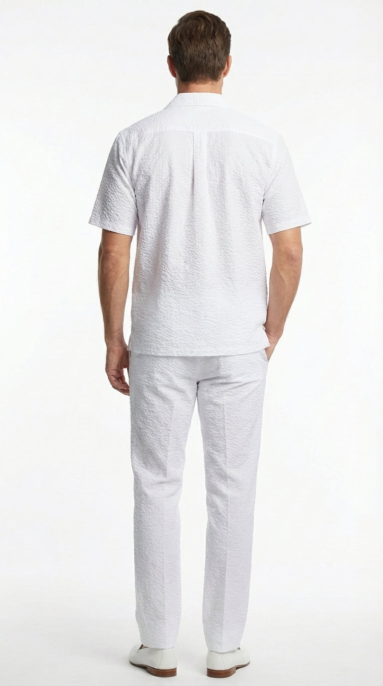 Mens White Seersucker Walking Suit Set – Casual Summer Short Sleeve Outfit with Matching Pants Lightweight Two Piece Set - S