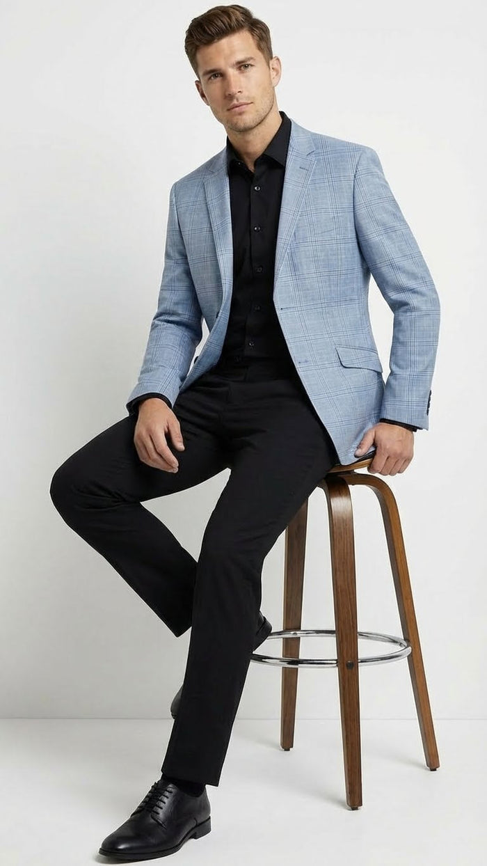 Mens Big and Tall Light Blue Checkered Blazer and Sport Coat Sky powder blue windowpane plaid pattern Jacket