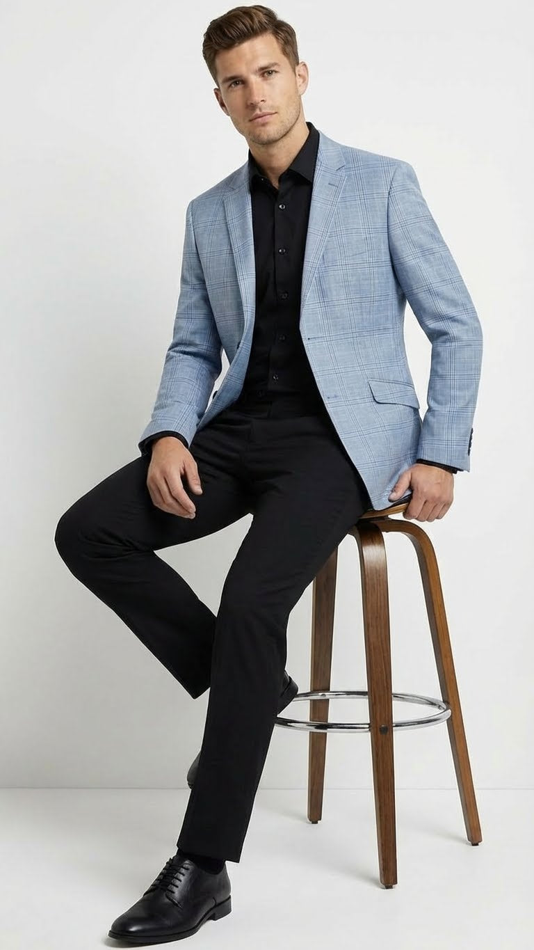 Men’s Big and Tall Light Blue Checkered Blazer and Sport Coat – Sky powder blue windowpane plaid pattern Jacket - 36 Short