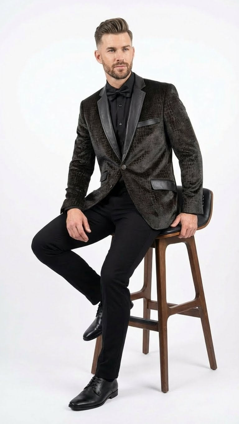 Men’s Crocodile Alligator Exotic skin Texture Blazer – Slim Fit Designer Jacket with Satin Lapels for Formal and Party Wear in Black Color - 36 Short