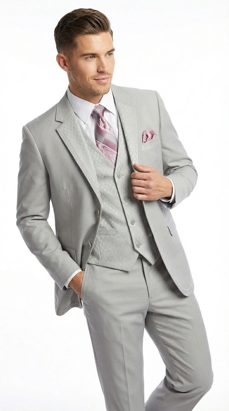 Men’s Light Gray 3 Piece Suit – Ice Silver Gray Formal Suit Set with Vest, Patterned Lapel and Tie for Wedding, Prom and Business Events - 34 Short or Extra Small