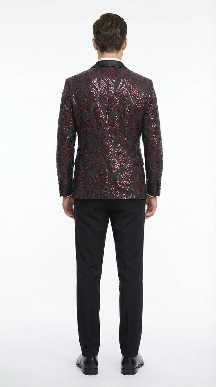 Men’s Black and Burgundy Sequin Blazer – Black Sparkle Sequin Party Blazer with Burgundy Pattern for Prom, Wedding Slim Fitted