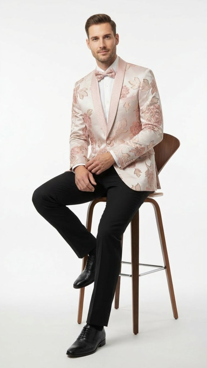 Mens Pink Blush Floral Jacquard Blazer with Embellished Shawl Lapel - Luxury Party and Wedding Wear Jacket