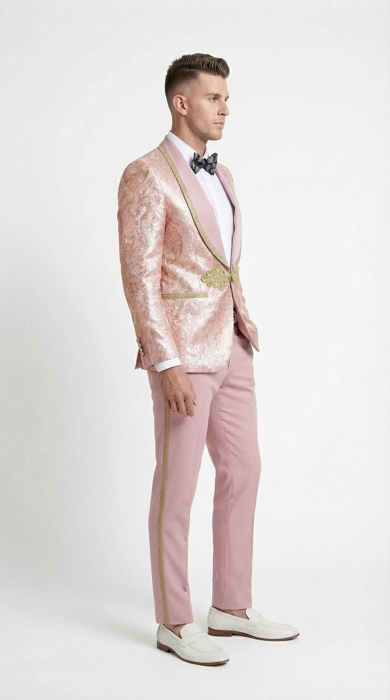 Men’s Rose Gold Pink Prom Tuxedo Suit – Slim Fit Paisley Pattern Formal Tuxedo Suit for Prom, Wedding and Special Events - 34 Short or Extra Small