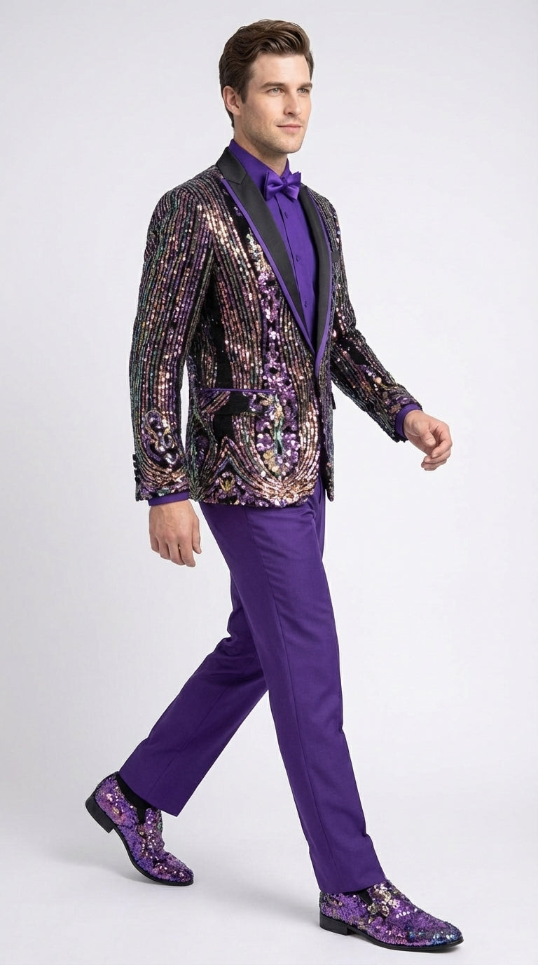 Mens Mardi Gra Black and Purple and Gold Sequin Tuxedo Jacket Set – Designer with Floral Pattern Jacket Formal Wedding Party Wear Bowtie - 36 Short