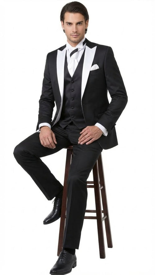 Mens Black and White Lapel Prom Tuxedo Suit + Black Vest + Black Pants Peak Lapel