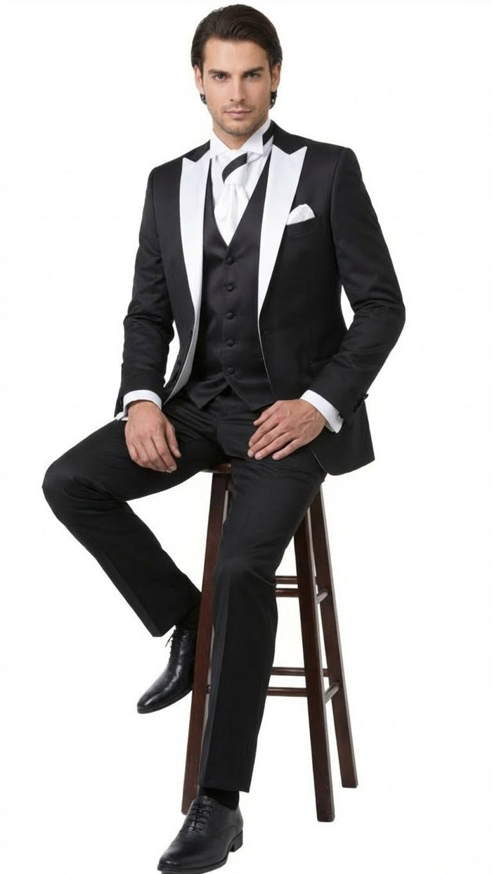 Mens Black and White Lapel Prom Tuxedo Suit + Black Vest + Black Pants Peak Lapel