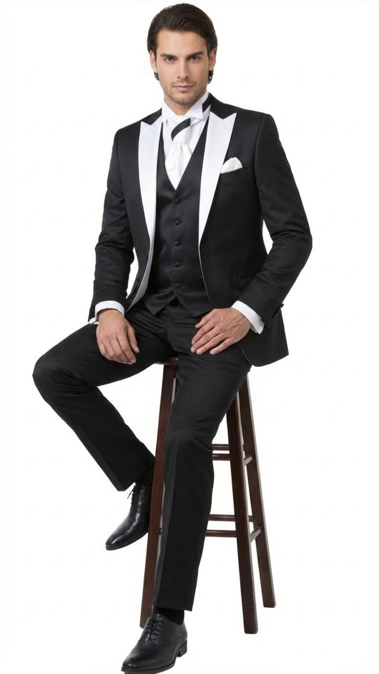 Men’s Black and White Lapel Prom Tuxedo Suit + Black Vest + Black Pants Peak Lapel - 34 Short or Extra Small