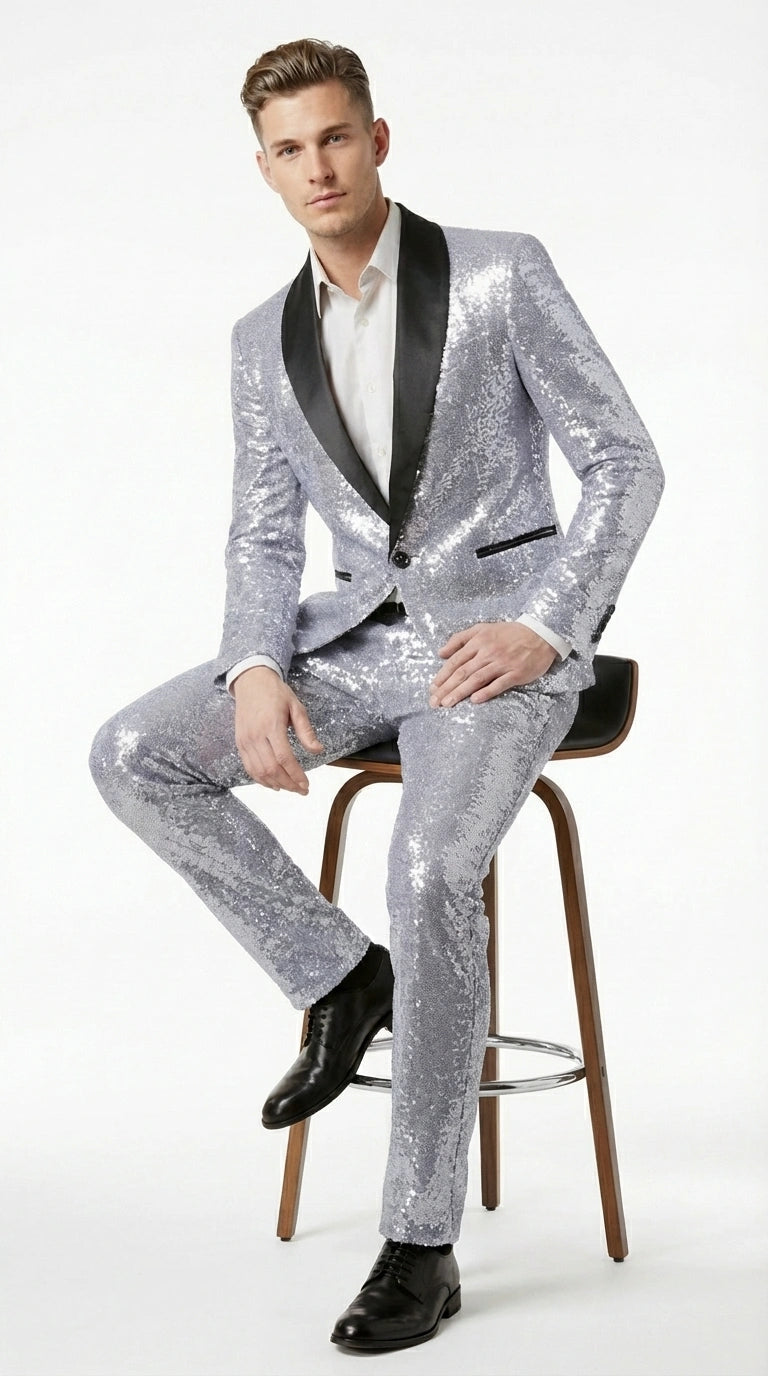 Mens Silver Grey Sequin Tuxedo Suit – Shiny Wedding Suit Set with Black Lapel for Prom, Party, Gala and Formal Evening Wear - 34 Short or Extra Small