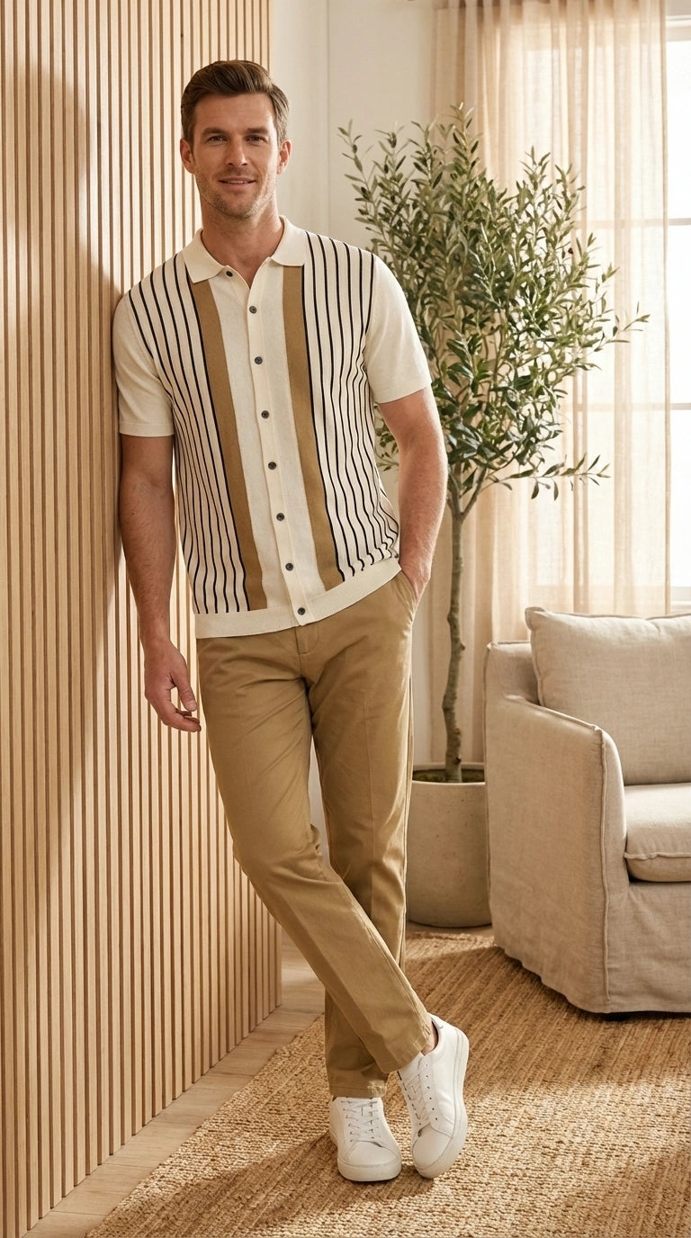 Mens Cream and Tan Striped Walking Suit Set – Casual Summer Short Sleeve Shirt and Pants Outfit for Vacation, Travel and Everyday Wear - S