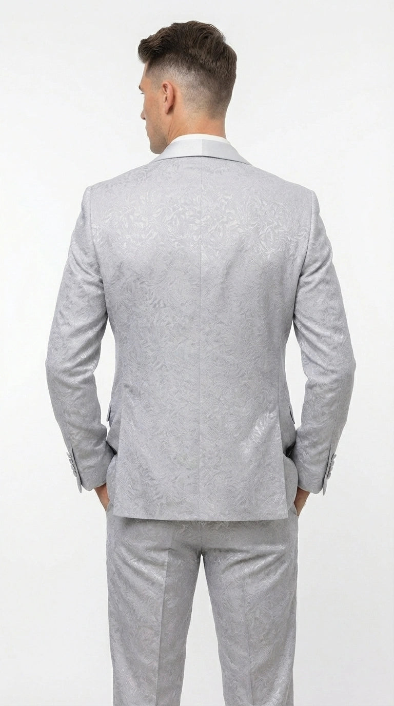 Mens Light Silver Wedding Tuxedo Suit – Paisley Fabric Three Piece Formal Suit Set with Shawl Lapel for Groom, Prom, Gala and ice Grey - 34 Short or Extra Small