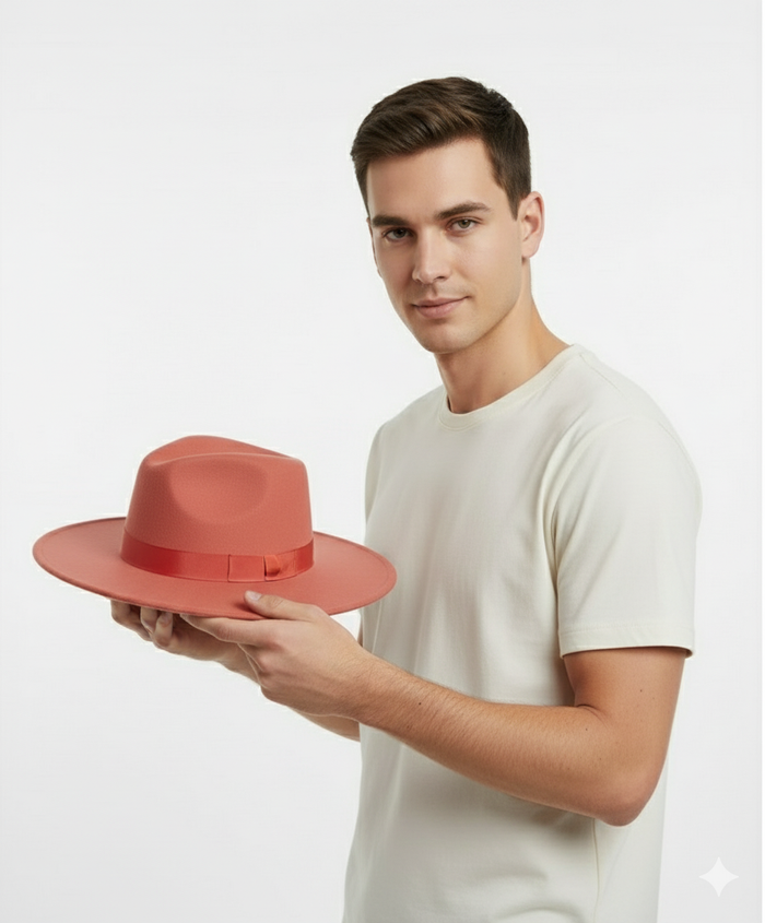 Mens Coral Pink Wide Brim Fedora Hat Wool Felt Dress Hat with Red Ribbon Band