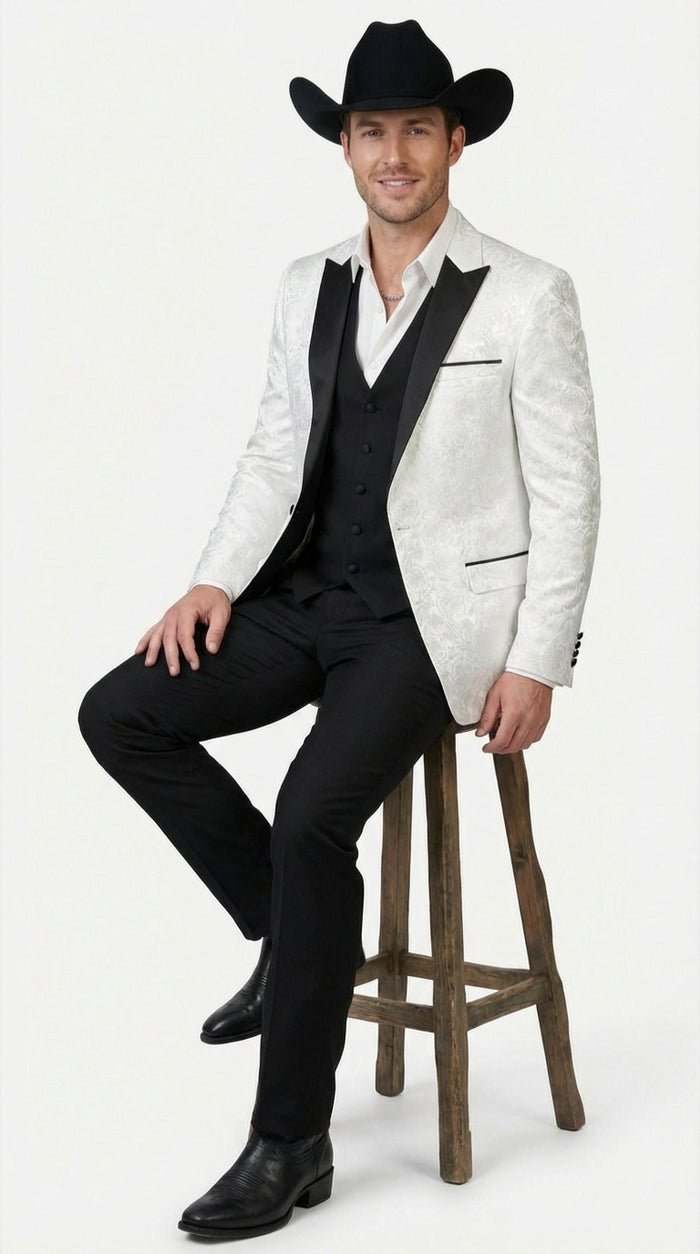 Mens White Paisley Cowboy Tuxedo with Black Satin Lapel – Western Formal Wedding Suit Jacket
