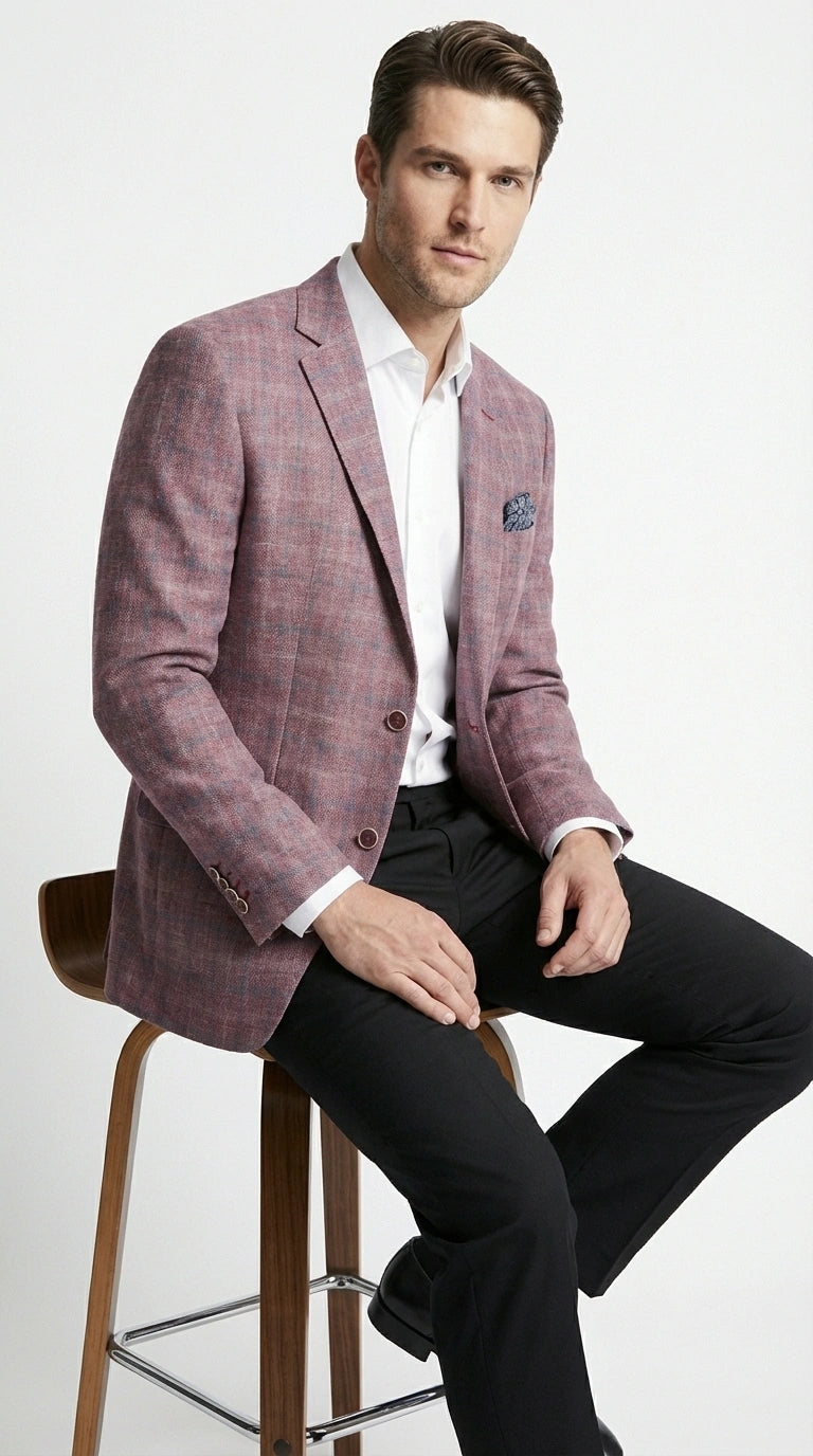 Mens Dusty Rose Mauve Pink with Tint of Blue Plaid Sport Coat Blazer – Classic Check Pattern Casual Blazer Jacket for Business Casual, Wedding - 36 Short