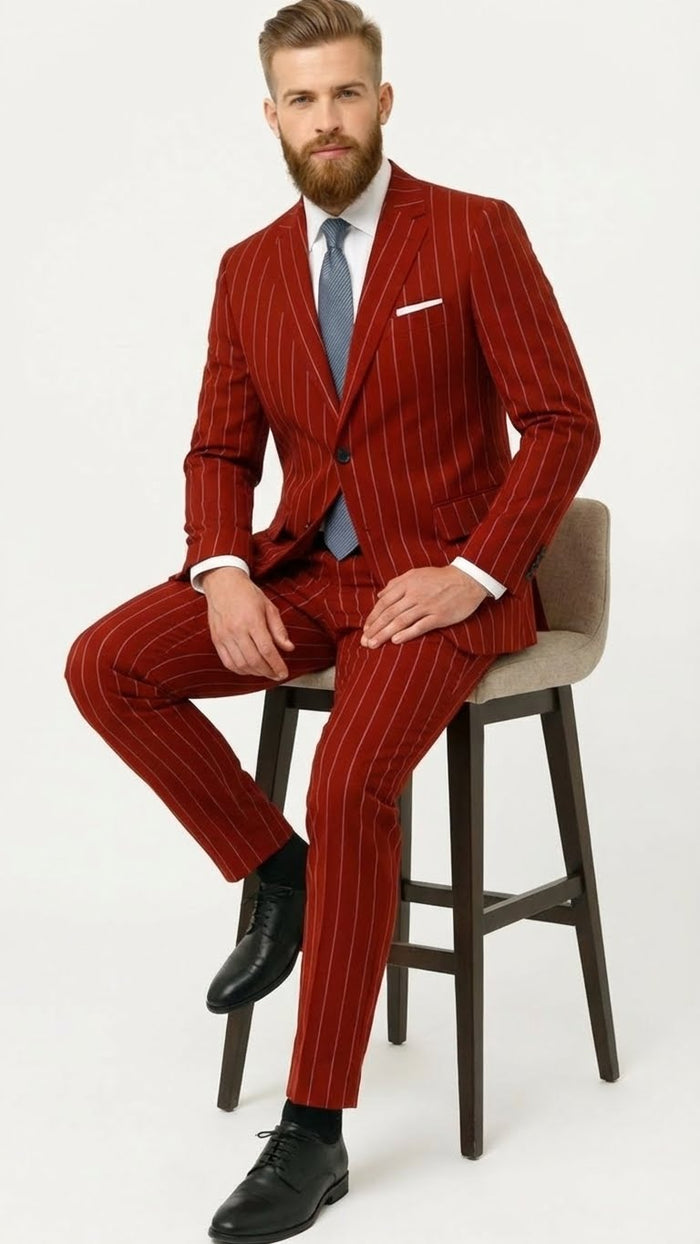 Mens Red Pinstripe Suit Stripe Two-Button Vested Suit 2 Buttons