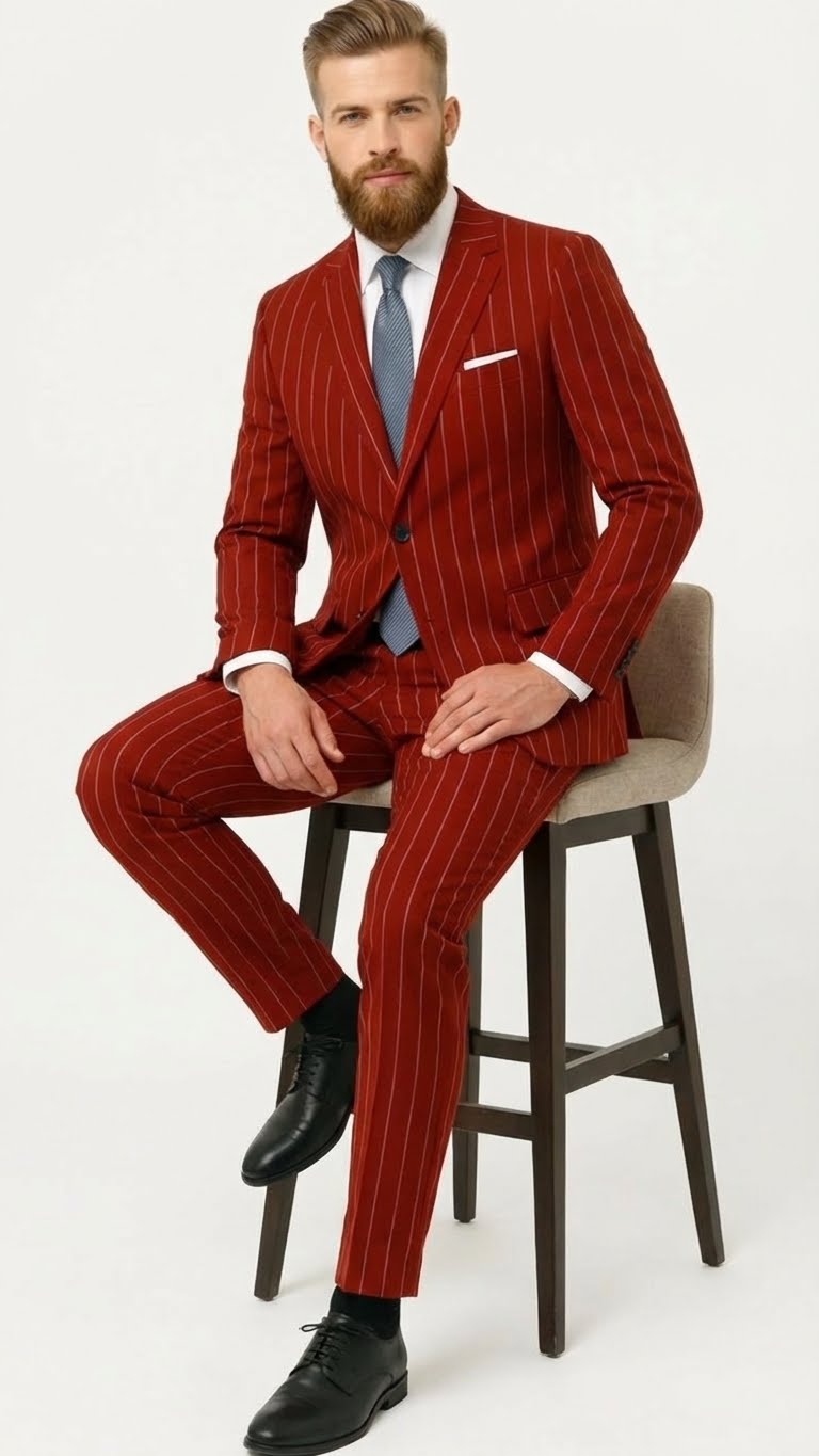 Men’s Red Pinstripe Suit – Stripe Two-Button Vested Suit 2 Buttons - 34 Short or Extra Small
