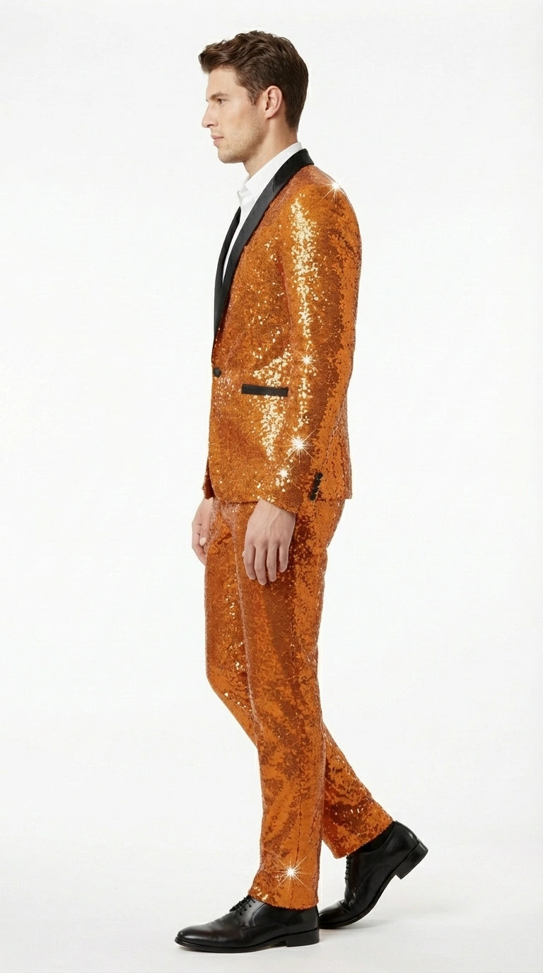 Mens Orange Sequin Tuxedo Suit – Shiny Wedding Suit Set with Black Lapel for Prom, Party, Gala and Formal Evening Wear - Goldish Orange - 34 Short or Extra Small