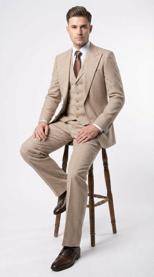 Mens Beige tan Checkered Three Piece Suit with Classic Fit Wide Leg Pleated Pants by Rossiman khaki color