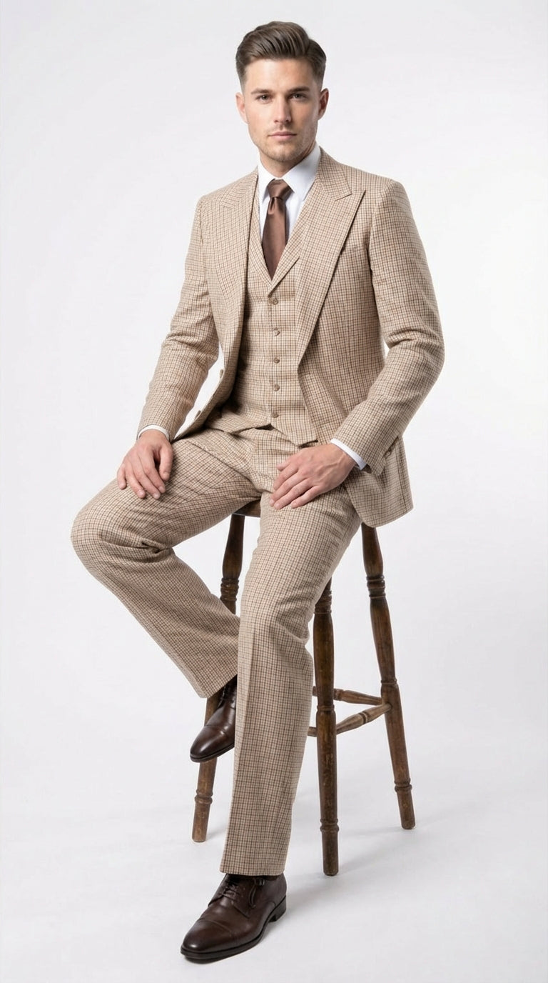 Mens Beige tan Checkered Three Piece Suit with Classic Fit Wide Leg Pleated Pants by Rossiman khaki color