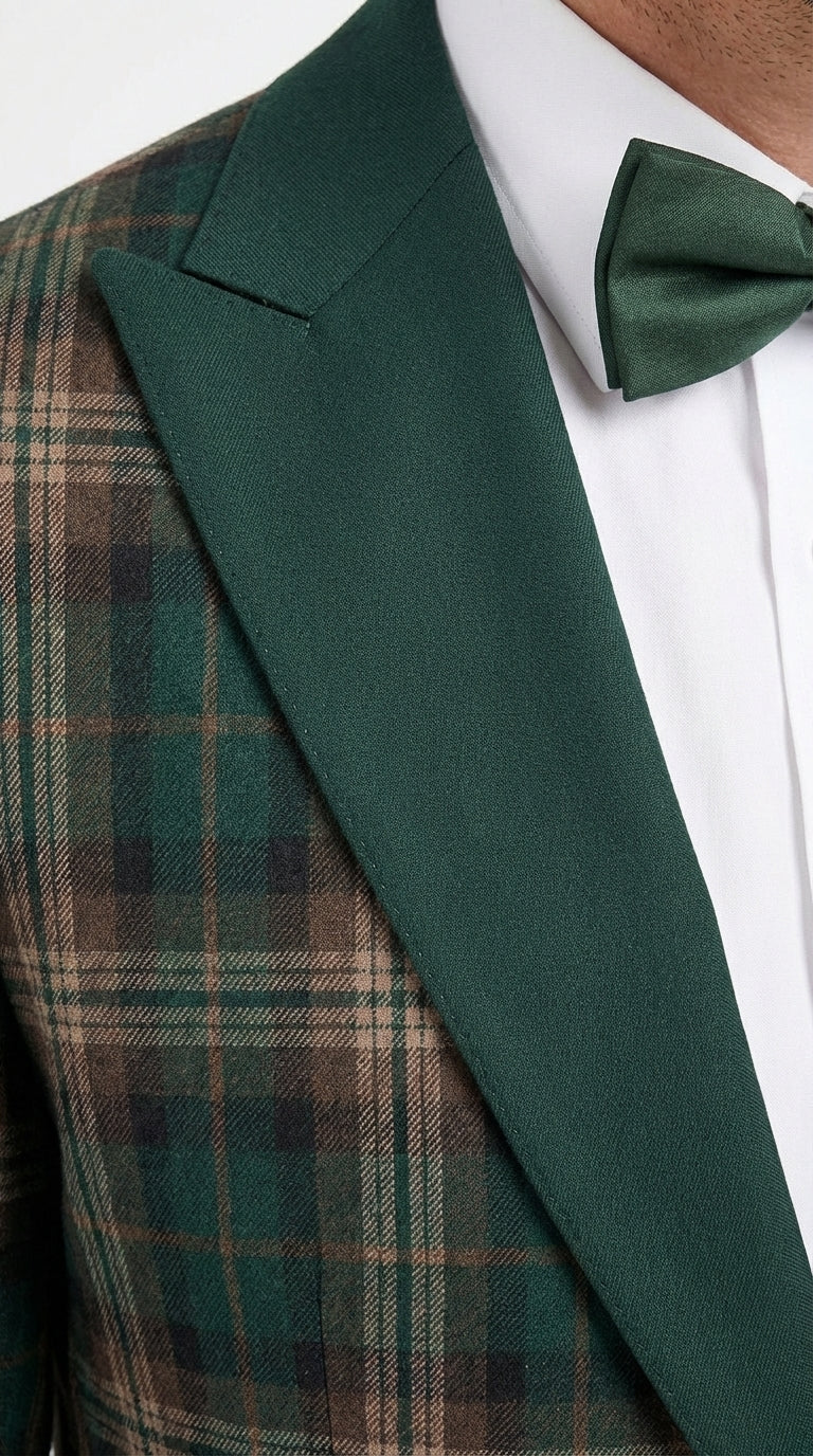 Mens Tartan Green and Brown Blue Plaid Tuxedo Dinner Jacket Set – Checkered Prom Blazer with Dark Green Pants Formal Wedding Party Wear - 36 Short