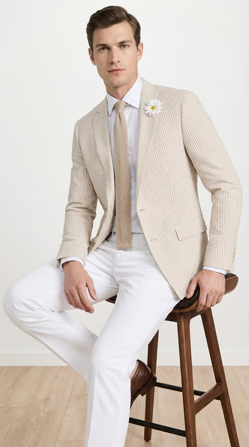 Mens Beige Seersucker Blazer – Lightweight Striped Summer Sport Coat Casual Smart Formal Jacket