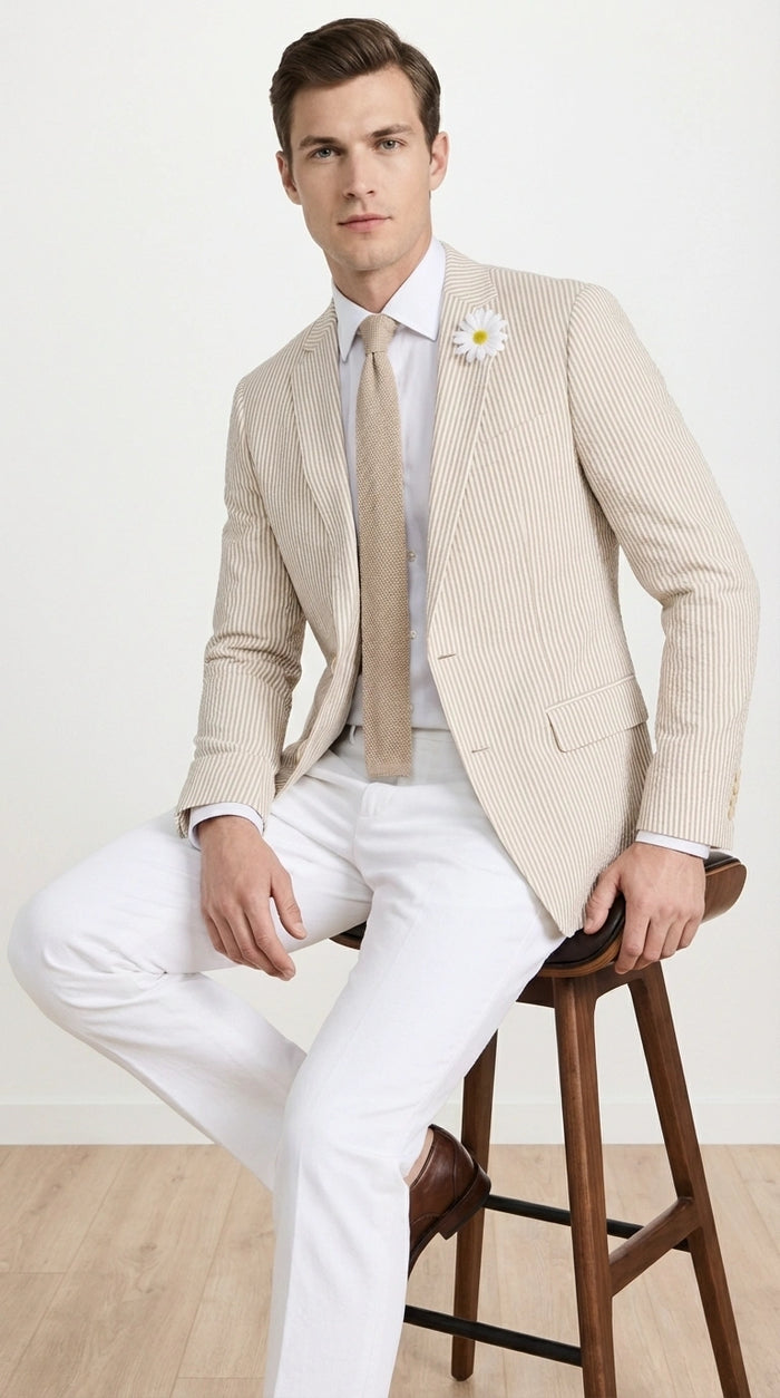 Mens Beige Seersucker Blazer – Lightweight Striped Summer Sport Coat Casual Smart Formal Jacket