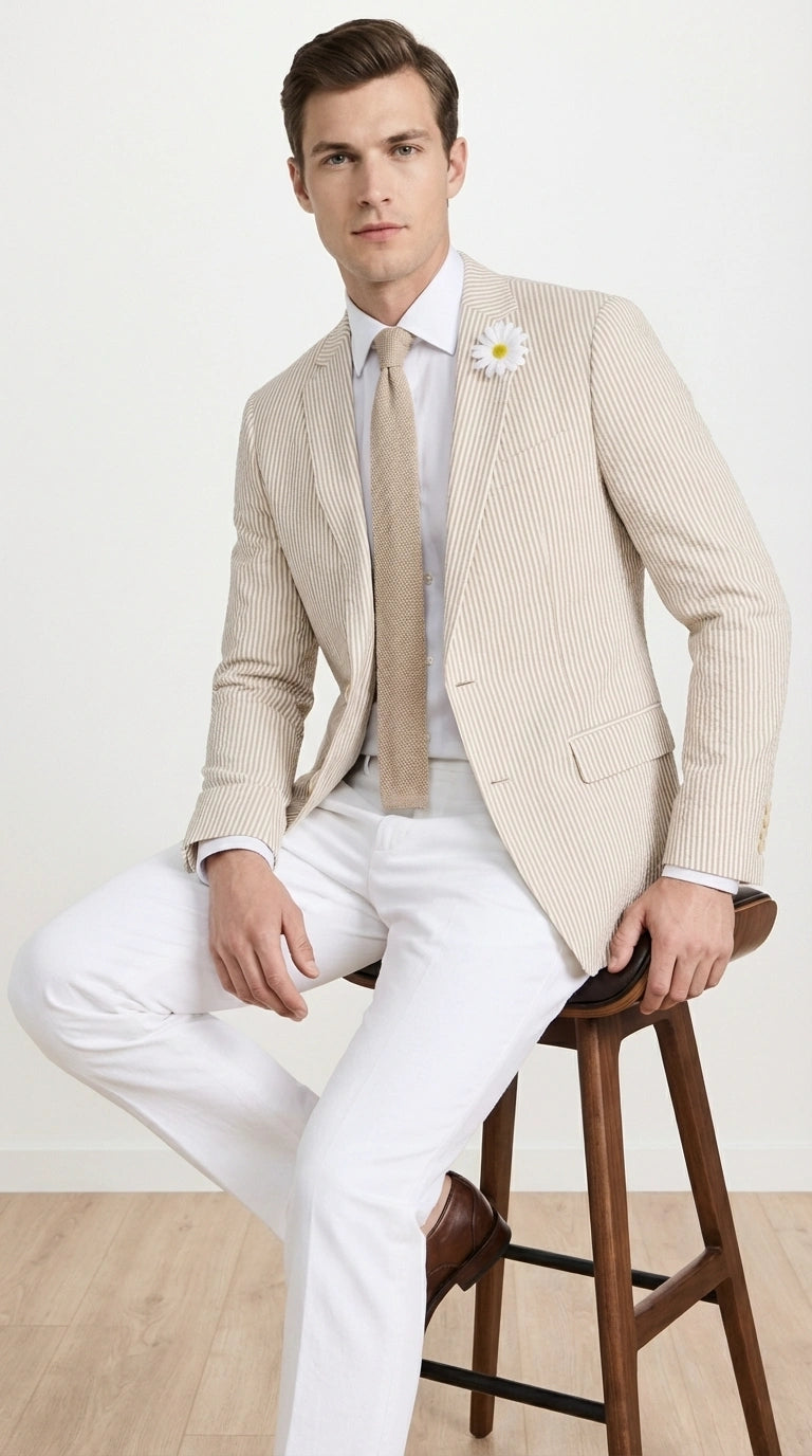 Mens Beige Seersucker Blazer – Lightweight Striped Summer Sport Coat Casual Smart Formal Jacket - 36 Short