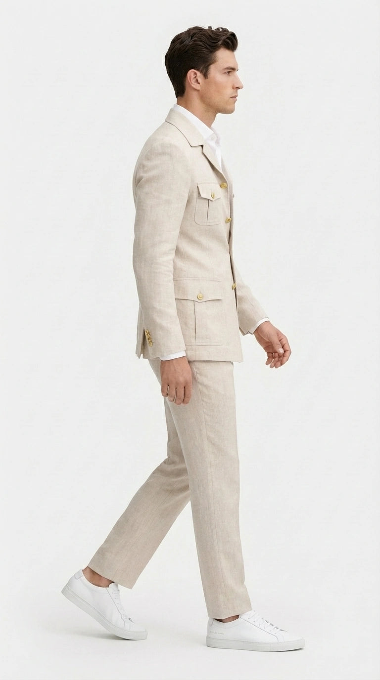 Mens Tan Beige Safari Military Walking Suit Set – Casual Two Piece Outfit Lightweight Summer Blazer and Pants Set Classic Casual Wear - 34 Short or Extra Small