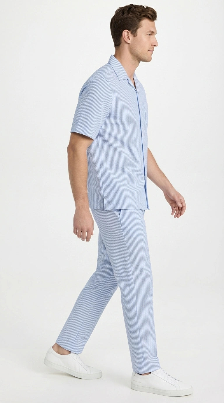 Mens Light Blue Seersucker Walking Suit Set – Casual Summer Short Sleeve Outfit with Matching Pants Lightweight Two Piece Set - S