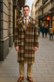 Men’s Vintage Plaid Overcoat Wool Fabric – Classic Retro Long Coat in Brown And Camel and Beige Color