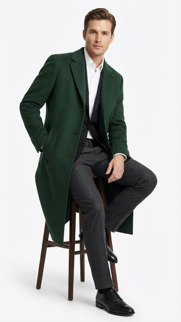 Men’s Hunter Green Full-Length Wool Overcoat – Classic Winter Dress Coat for Formal and Casual Wear Topcoat Mens Wintercoat - Coat Size 38