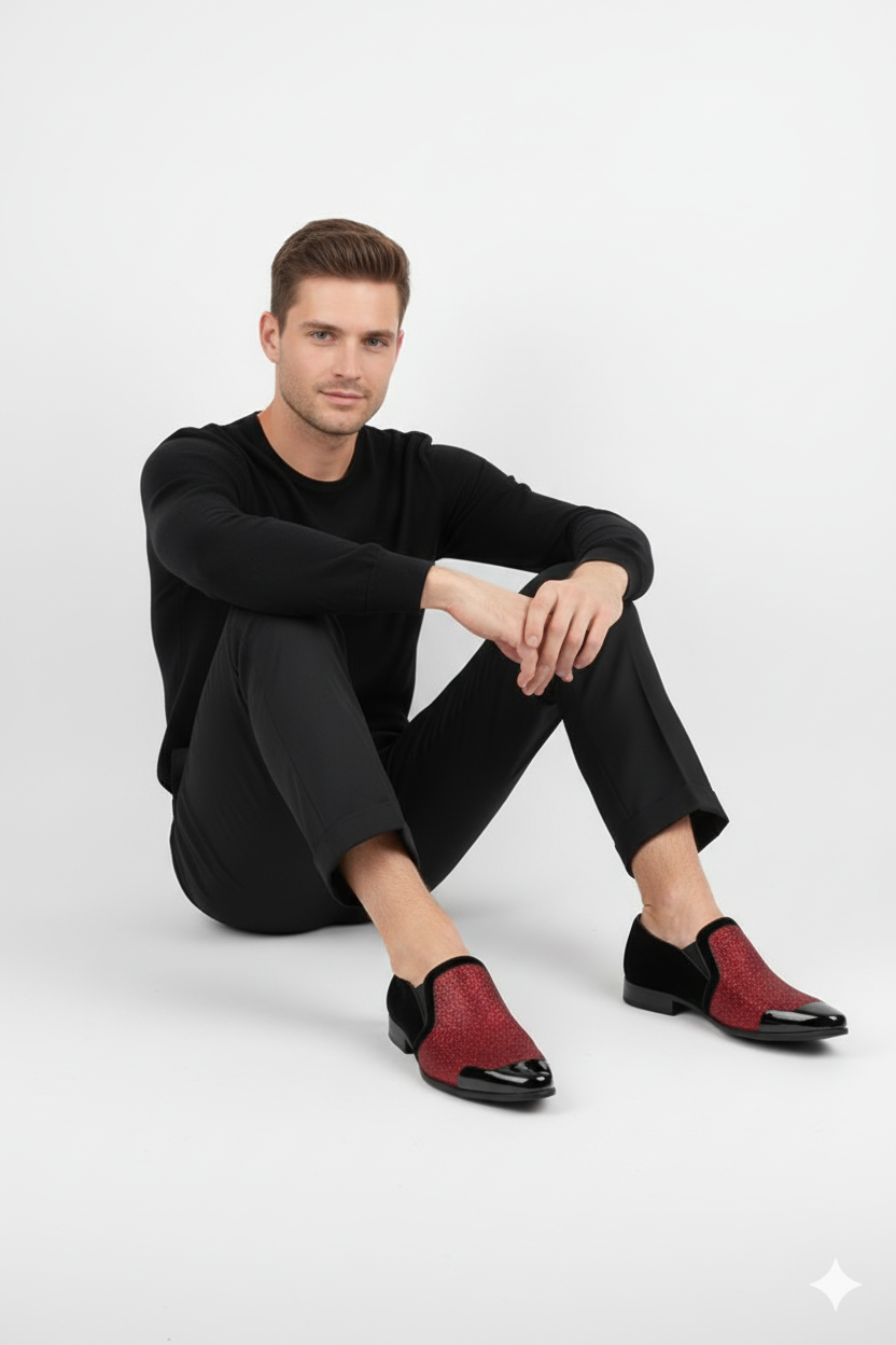 Mens Red Glitter Tuxedo Loafers Shiny Slip-On Dress Shoes with Black Patent Toe for Parties and Formal Events - 6