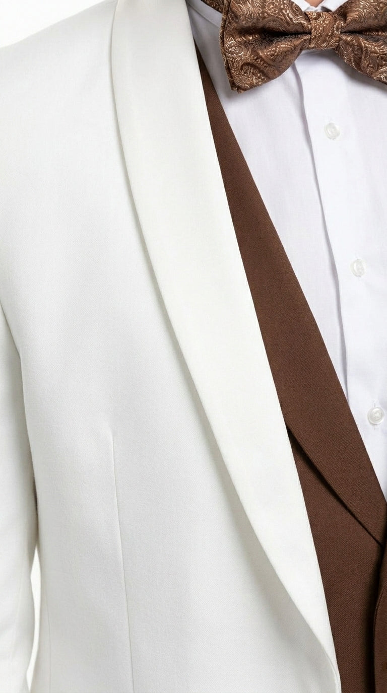 Men’s Ivory and Brown 3 Piece Suit – Elegant White Blazer with Brown Vest and Trousers for Wedding, Prom and Formal Events in off White Cream + Bowtie - 34 Short or Extra Small