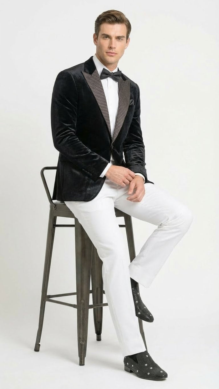 Mens Black Velvet Tuxedo Blazer with Studded Lapel  Formal Evening Jacket