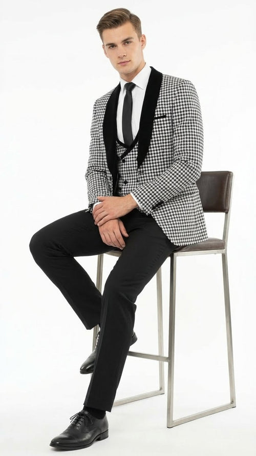 Mens Black and White Houndstooth Tuxedo Set with Velvet Shawl Lapel | 3-Piece Formal Suit with Double-Breasted Vest