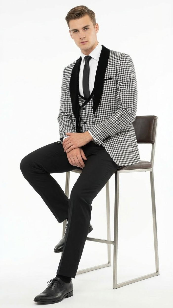 Mens Black and White Houndstooth Tuxedo Set with Velvet Shawl Lapel | 3-Piece Formal Suit with Double-Breasted Vest