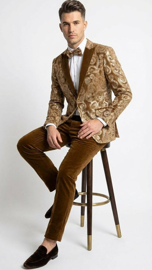 Mens Goldish Light brown Tuxedo dinner Jacket Embroidered Blazer Velvet Jacket for Formal Paisley Pattern Coffee Mocca Color