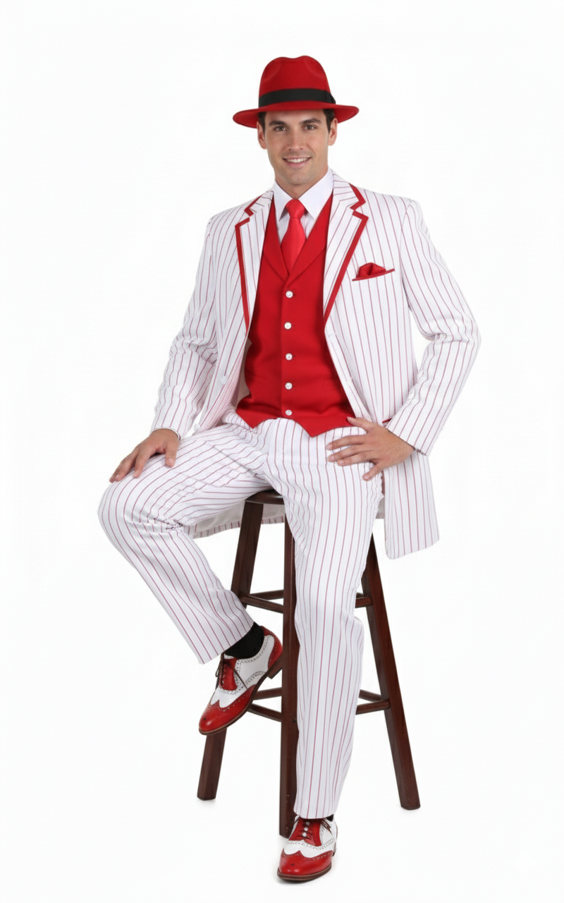 Mens 1920s White and Red Pinstripe Zoot Suit with Fedora Hat and Wingtip Shoes â€“ Vintage Gangster 3-Piece New Year Holiday Christmas Suit - 34 Short or Extra Small