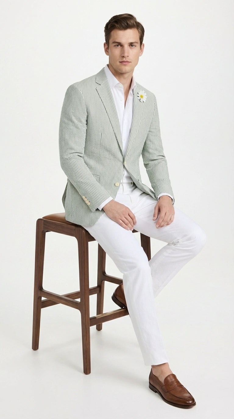 Mens Sage Green Seersucker Blazer – Lightweight Striped Summer Sport Coat Casual Smart Formal Jacket - 36 Short
